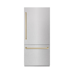 ZLINE Autograph Edition 36 in. 19.8 cu. ft. Built-In Bottom Freezer Refrigerator with Water Dispenser and Ice Maker in Satin Stainless Steel with Graphite Gray Interior and Champagne Bronze Accents (GRBITZ-SN-36-CB) front, closed.