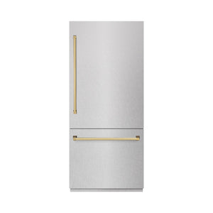 ZLINE Autograph Edition 36 in. 19.8 cu. ft. Built-In Bottom Freezer Refrigerator with Water Dispenser and Ice Maker in Satin Stainless Steel with Graphite Gray Interior and Polished Gold Accents (GRBITZ-SN-36-G) front, closed.