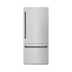 ZLINE Autograph Edition 36 in. 19.8 cu. ft. Built-In Bottom Freezer Refrigerator with Water Dispenser and Ice Maker in Satin Stainless Steel with Graphite Gray Interior and Matte Black Accents (GRBITZ-SN-36-MB) front, closed.