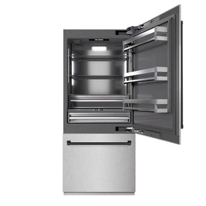 ZLINE Autograph Edition 36 in. 19.8 cu. ft. Built-In Bottom Freezer Refrigerator with Water Dispenser and Ice Maker in Satin Stainless Steel with Graphite Gray Interior and Matte Black Accents (GRBITZ-SN-36-MB) front, open.