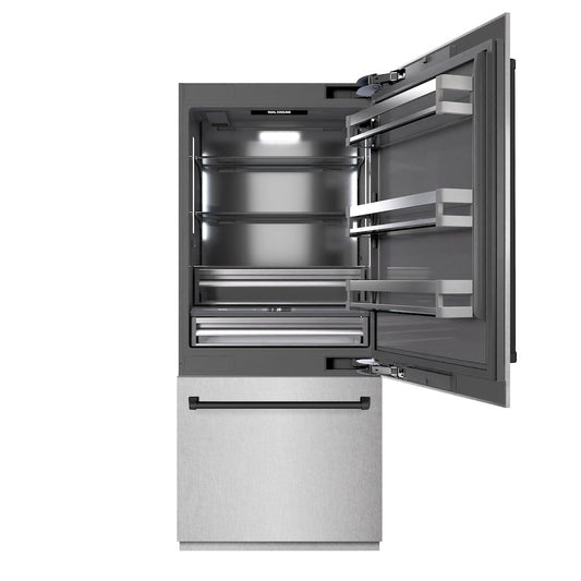 ZLINE Autograph Edition 36 in. 19.8 cu. ft. Built-In Bottom Freezer Refrigerator with Water Dispenser and Ice Maker in Satin Stainless Steel with Graphite Gray Interior and Matte Black Accents (GRBITZ-SN-36-MB) front, open.