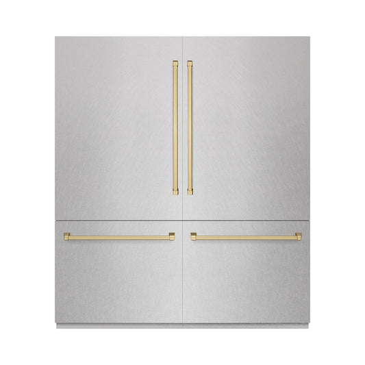 ZLINE Autograph Edition 72 in. 39.6 cu. ft. French Door Built-In Bottom Freezer Refrigerator with Water Dispensers and Ice Makers in Satin Stainless Steel with Graphite Gray Interior and Champagne Bronze Accents (GRBITZ-SN-72-CB) front, closed.