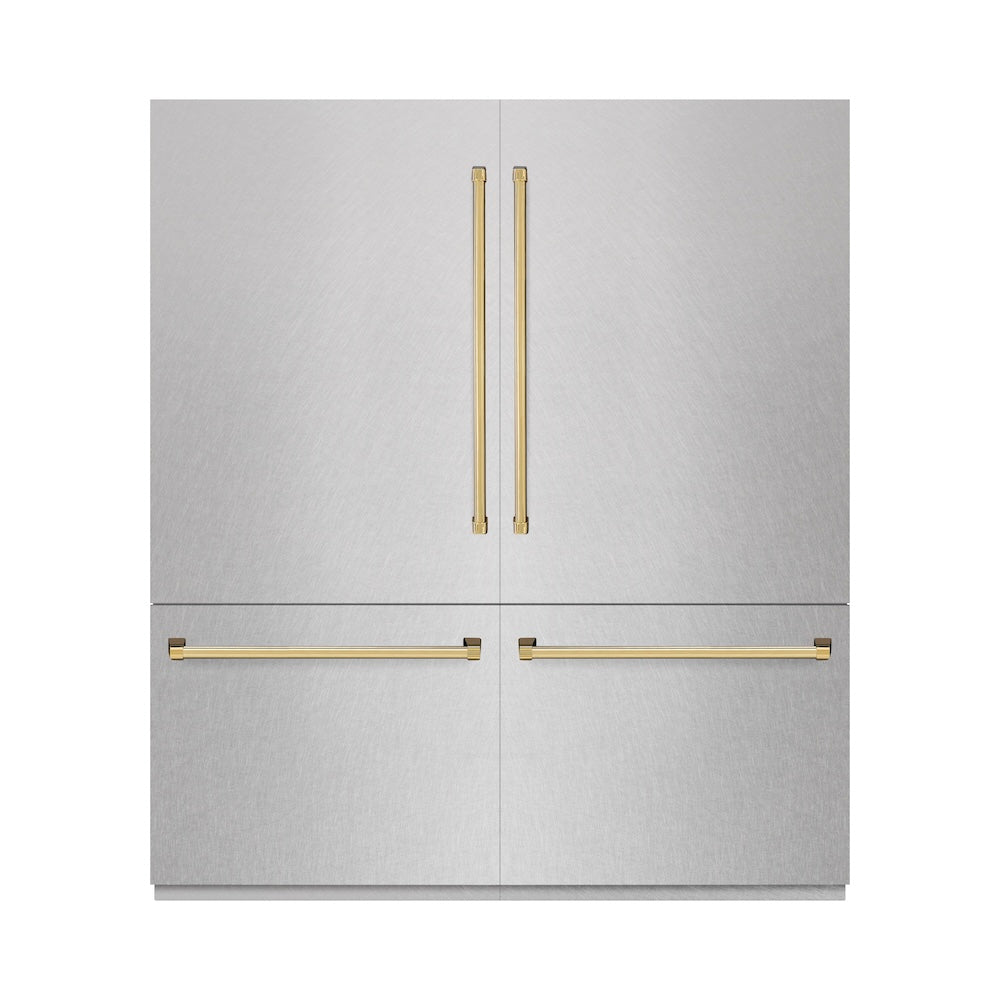ZLINE Autograph Edition 72 in. 39.6 cu. ft. French Door Built-In Bottom Freezer Refrigerator with Water Dispensers and Ice Makers in Satin Stainless Steel with graphite Gray Interior and Polished Gold Accents (GRBITZ-SN-72-G) front, closed.