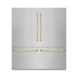 ZLINE Autograph Edition 72 in. 39.6 cu. ft. French Door Built-In Bottom Freezer Refrigerator with Water Dispensers and Ice Makers in Satin Stainless Steel with graphite Gray Interior and Polished Gold Accents (GRBITZ-SN-72-G) front, closed.