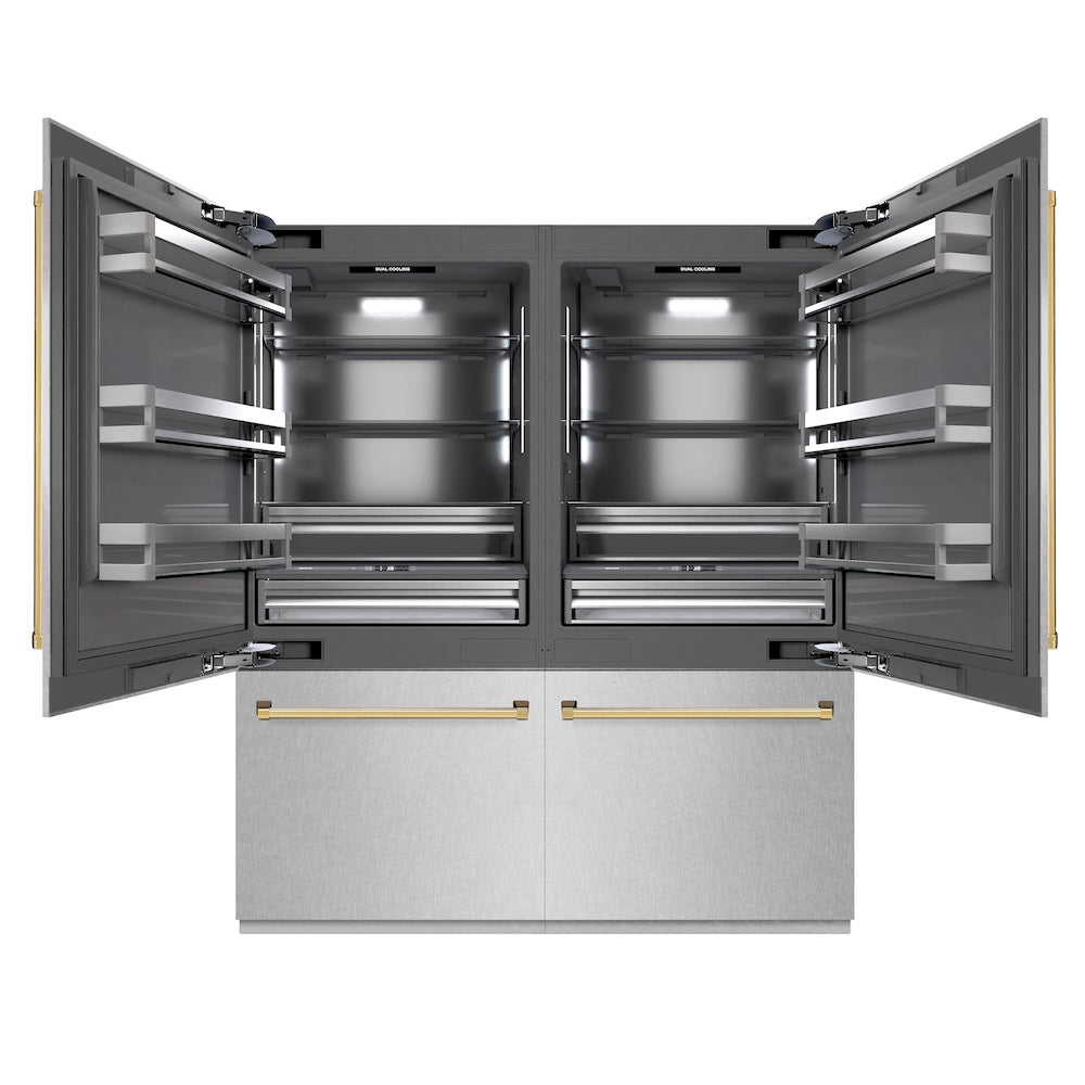ZLINE Autograph Edition 72 in. 39.6 cu. ft. French Door Built-In Bottom Freezer Refrigerator with Water Dispensers and Ice Makers in Satin Stainless Steel with graphite Gray Interior and Polished Gold Accents (GRBITZ-SN-72-G) front, open.