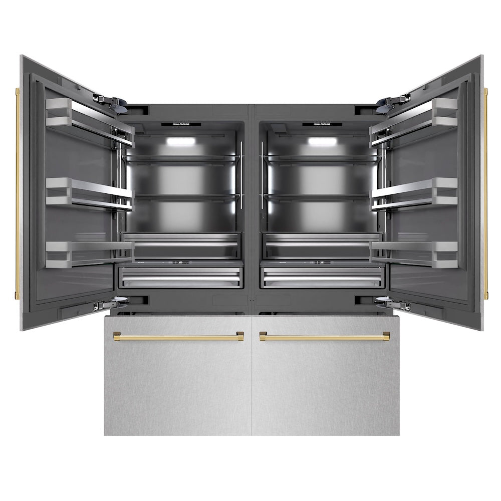 ZLINE Autograph Edition 72 in. 39.6 cu. ft. French Door Built-In Bottom Freezer Refrigerator with Water Dispensers and Ice Makers in Satin Stainless Steel with graphite Gray Interior and Polished Gold Accents (GRBITZ-SN-72-G) front, open.