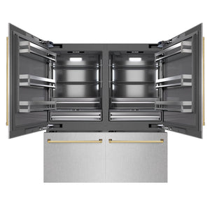 ZLINE Autograph Edition 72 in. 39.6 cu. ft. French Door Built-In Bottom Freezer Refrigerator with Water Dispensers and Ice Makers in Satin Stainless Steel with graphite Gray Interior and Polished Gold Accents (GRBITZ-SN-72-G) front, open.