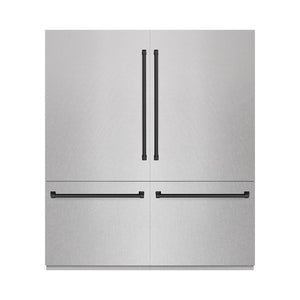 ZLINE Autograph Edition 72 in. 39.6 cu. ft. French Door Built-In Bottom Freezer Refrigerator with Water Dispensers and Ice Makers in Satin Stainless Steel with Graphite Gray Interior and Matte Black Accents (GRBITZ-SN-72-MB) front, closed.