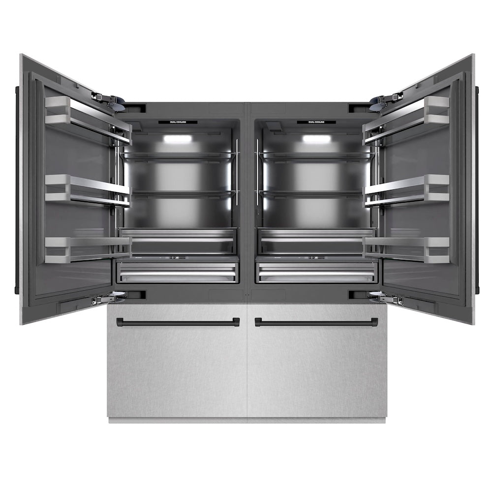 ZLINE Autograph Edition 72 in. 39.6 cu. ft. French Door Built-In Bottom Freezer Refrigerator with Water Dispensers and Ice Makers in Satin Stainless Steel with Graphite Gray Interior and Matte Black Accents (GRBITZ-SN-72-MB) front, open.