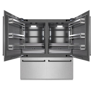 ZLINE Autograph Edition 72 in. 39.6 cu. ft. French Door Built-In Bottom Freezer Refrigerator with Water Dispensers and Ice Makers in Satin Stainless Steel with Graphite Gray Interior and Matte Black Accents (GRBITZ-SN-72-MB) front, open.
