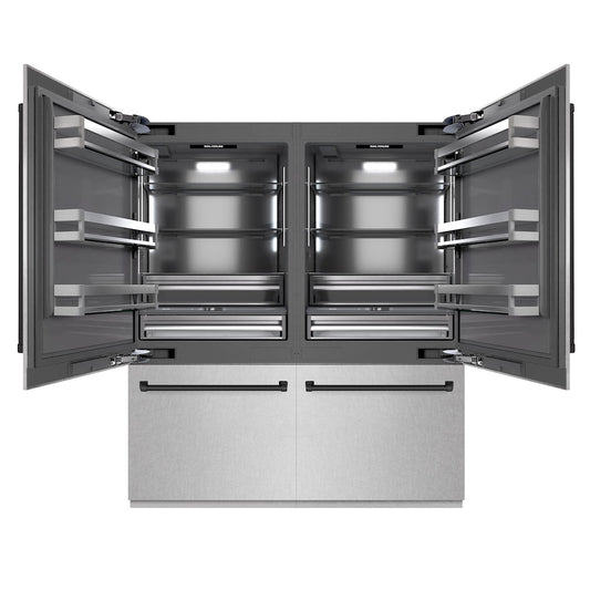 ZLINE Autograph Edition 72 in. 39.6 cu. ft. French Door Built-In Bottom Freezer Refrigerator with Water Dispensers and Ice Makers in Satin Stainless Steel with Graphite Gray Interior and Matte Black Accents (GRBITZ-SN-72-MB) front, open.