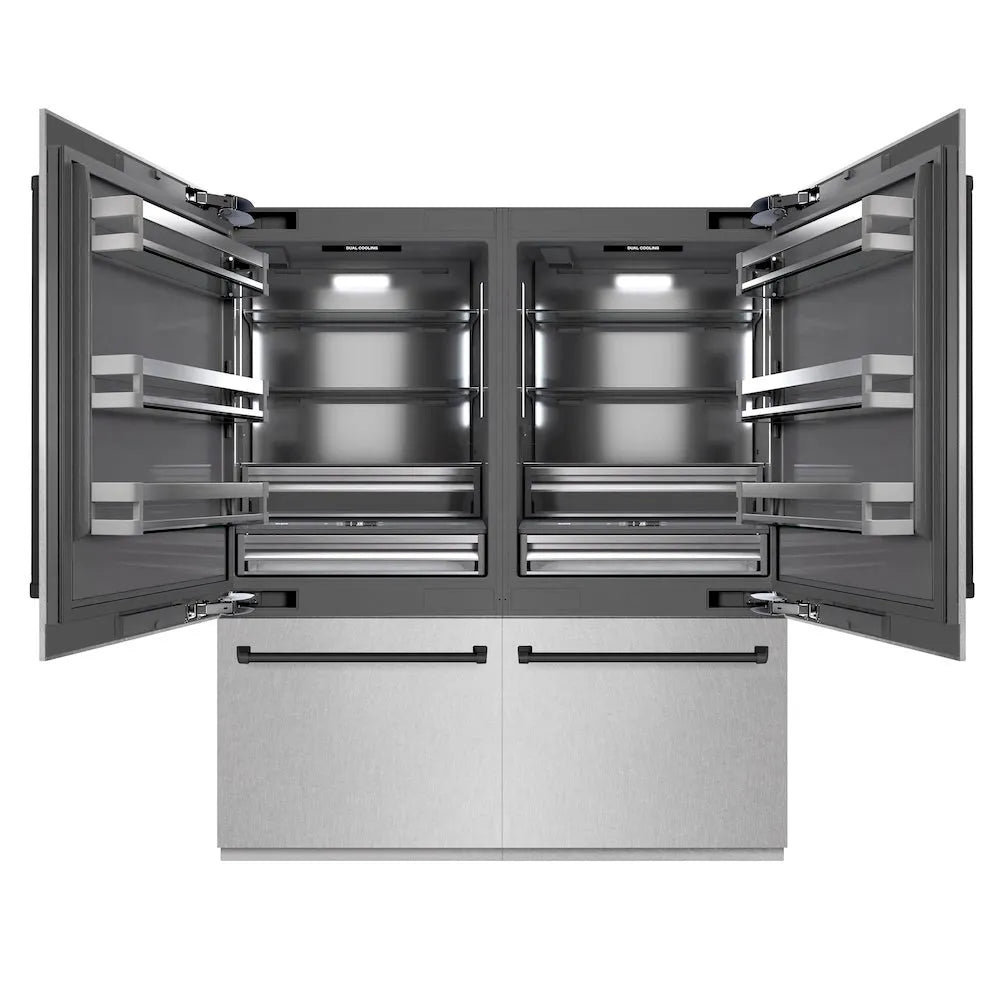 ZLINE Autograph Edition 72 in. 39.6 cu. ft. French Door Built-In Bottom Freezer Refrigerator with Water Dispensers and Ice Makers in Satin Stainless Steel with Graphite Gray Interior and Matte Black Accents (GRBITZ-SN-72-MB) main image.