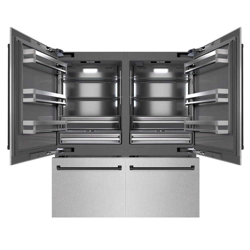 ZLINE Autograph Edition 72 in. 39.6 cu. ft. French Door Built-In Bottom Freezer Refrigerator with Water Dispensers and Ice Makers in Satin Stainless Steel with Graphite Gray Interior and Matte Black Accents (GRBITZ-SN-72-MB) front, open.