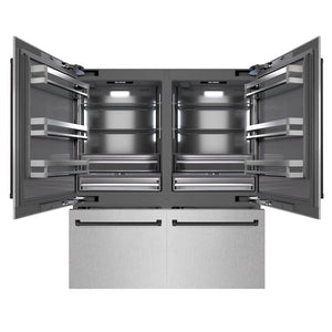 ZLINE Autograph Edition 72 in. 39.6 cu. ft. French Door Built-In Bottom Freezer Refrigerator with Water Dispensers and Ice Makers in Satin Stainless Steel with Graphite Gray Interior and Matte Black Accents (GRBITZ-SN-72-MB) front, open.