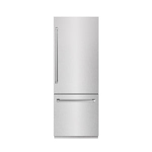 ZLINE 30 in. 16.1 cu. ft. Built-In Bottom Freezer Refrigerator with Water Dispenser and Ice Maker in Satin Stainless Steel with Graphite Gray Interior (GRBIV-SN-30) front, closed.