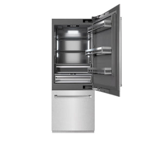 ZLINE 30 in. 16.1 cu. ft. Built-In Bottom Freezer Refrigerator with Water Dispenser and Ice Maker in Satin Stainless Steel with Graphite Gray Interior (GRBIV-SN-30) front, open.