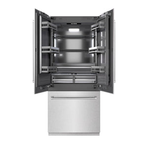 ZLINE 36 in. 19.6 cu. ft. French Door Built-In Bottom Freezer Refrigerator with Water Dispenser and Ice Maker in Satin Stainless Steel with Graphite Gray Interior (GRBIV-SN-36) front, open.