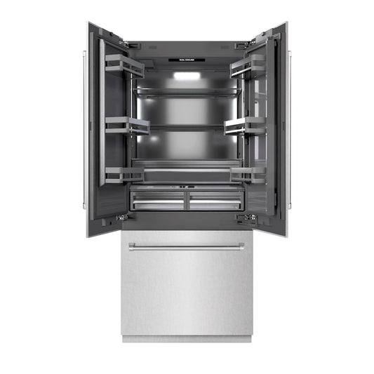 ZLINE 36 in. 19.6 cu. ft. French Door Built-In Bottom Freezer Refrigerator with Water Dispenser and Ice Maker in Satin Stainless Steel with Graphite Gray Interior (GRBIV-SN-36) front, open.