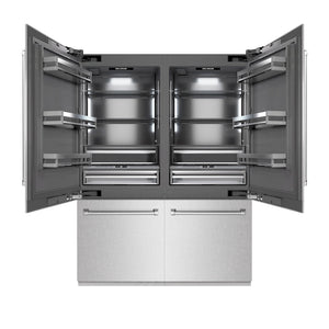 ZLINE 60 in. 32.2 cu. ft. French Door Built-In Bottom Freezer Refrigerator with Water Dispensers and Ice Makers in Satin Stainless Steel with Graphite Gray Interior (GRBIV-SN-60) front, open.