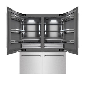 ZLINE 60 in. 32.2 cu. ft. French Door Built-In Bottom Freezer Refrigerator with Water Dispensers and Ice Makers in Satin Stainless Steel with Graphite Gray Interior (GRBIV-SN-60) front, open.