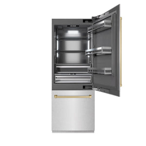 ZLINE Autograph Edition 30 in. 16.1 cu. ft. Built-In Bottom Freezer Refrigerator with Water Dispenser and Ice Maker in Satin Stainless Steel with Graphite Gray Interior and Champagne Bronze Accents (GRBIVZ-SN-30-CB) front, open.