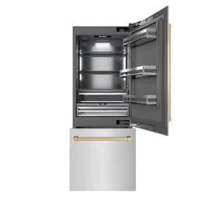 ZLINE Autograph Edition 30 in. 16.1 cu. ft. Built-In Bottom Freezer Refrigerator with Water Dispenser and Ice Maker in Satin Stainless Steel with Graphite Gray Interior and Champagne Bronze Accents (GRBIVZ-SN-30-CB) front, open.