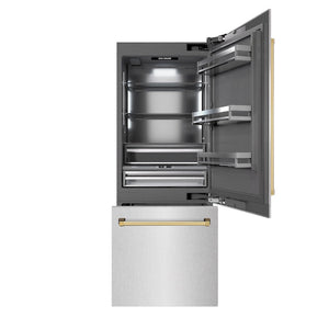 ZLINE Autograph Edition 30 in. 16.1 cu. ft. Built-In Bottom Freezer Refrigerator with Water Dispenser and Ice Maker in Satin Stainless Steel with Graphite Gray Interior and Polished Gold Accents (GRBIVZ-SN-30-G) front, open.
