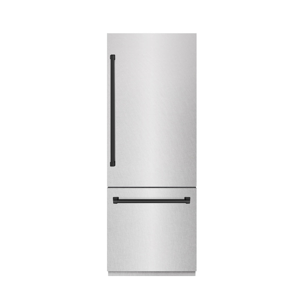 ZLINE Autograph Edition 30 in. 16.1 cu. ft. Built-In Bottom Freezer Refrigerator with Water Dispenser and Ice Maker in Satin Stainless Steel with Graphite Gray Interior and Matte Black Accents (GRBIVZ-SN-30-MB) front, closed.