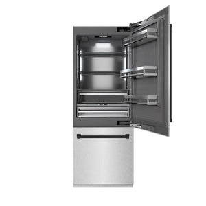 ZLINE Autograph Edition 30 in. 16.1 cu. ft. Built-In Bottom Freezer Refrigerator with Water Dispenser and Ice Maker in Satin Stainless Steel with Graphite Gray Interior and Matte Black Accents (GRBIVZ-SN-30-MB) front, open.