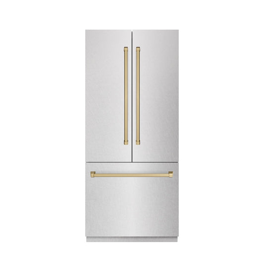 ZLINE Autograph Edition 36 in. 19.6 cu. ft. French Door Built-In Bottom Freezer Refrigerator with Water Dispenser and Ice Maker in Satin Stainless Steel with Graphite Gray Interior and Champagne Bronze Accents (GRBIVZ-SN-36-CB) front, closed.