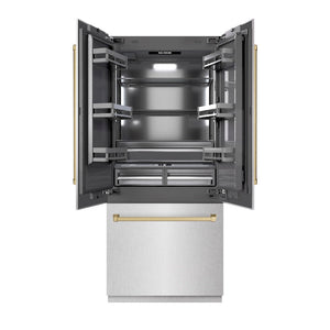 ZLINE Autograph Edition 36 in. 19.6 cu. ft. French Door Built-In Bottom Freezer Refrigerator with Water Dispenser and Ice Maker in Satin Stainless Steel with Graphite Gray Interior and Champagne Bronze Accents (GRBIVZ-SN-36-CB) front, open.
