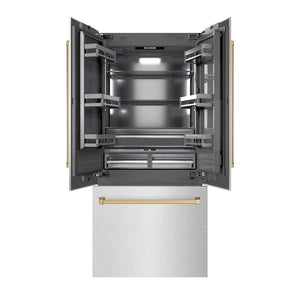 ZLINE Autograph Edition 36 in. 19.6 cu. ft. French Door Built-In Bottom Freezer Refrigerator with Water Dispenser and Ice Maker in Satin Stainless Steel with Graphite Gray Interior and Champagne Bronze Accents (GRBIVZ-SN-36-CB) front, open.