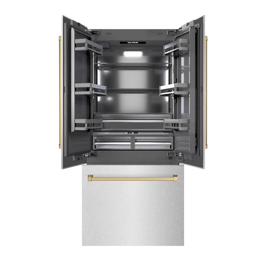 ZLINE Autograph Edition 36 in. 19.6 cu. ft. French Door Built-In Bottom Freezer Refrigerator with Water Dispenser and Ice Maker in Satin Stainless Steel with Graphite Gray Interior and Champagne Bronze Accents (GRBIVZ-SN-36-CB) front, open.
