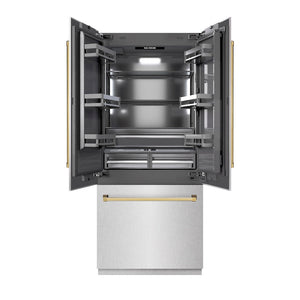 ZLINE Autograph Edition 36 in. 19.6 cu. ft. French Door Built-In Bottom Freezer Refrigerator with Water Dispenser and Ice Maker in Satin Stainless Steel with Graphite Gray Interior and Polished Gold Accents (GRBIVZ-SN-36-G) front, open.