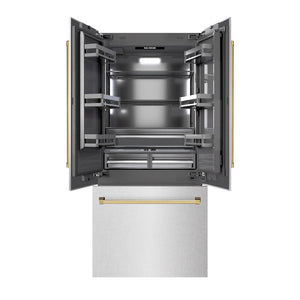ZLINE Autograph Edition 36 in. 19.6 cu. ft. French Door Built-In Bottom Freezer Refrigerator with Water Dispenser and Ice Maker in Satin Stainless Steel with Graphite Gray Interior and Polished Gold Accents (GRBIVZ-SN-36-G) front, open.
