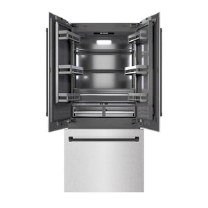 ZLINE Autograph Edition 36 in. 19.6 cu. ft. French Door Built-In Bottom Freezer Refrigerator with Water Dispenser and Ice Maker in Satin Stainless Steel with Graphite Gray Interior and Matte Black Accents (GRBIVZ-SN-36-MB) front, open.