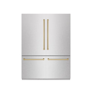 ZLINE Autograph Edition 60 in. 32.2 cu. ft. French Door Built-In Bottom Freezer Refrigerator with Water Dispenser and Ice Maker in Satin Stainless Steel with Graphite Gray Interior and Champagne Bronze Accents (GRBIVZ-SN-60-CB) front, closed.