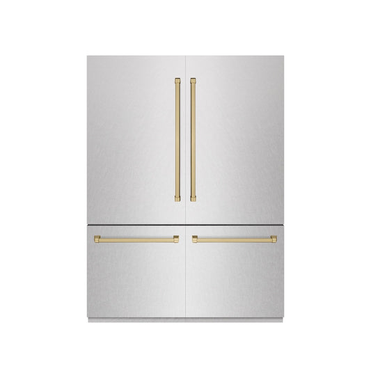 ZLINE Autograph Edition 60 in. 32.2 cu. ft. French Door Built-In Bottom Freezer Refrigerator with Water Dispenser and Ice Maker in Satin Stainless Steel with Graphite Gray Interior and Champagne Bronze Accents (GRBIVZ-SN-60-CB) front, closed.