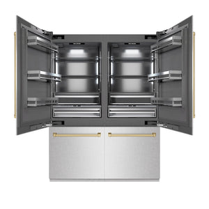 ZLINE Autograph Edition 60 in. 32.2 cu. ft. French Door Built-In Bottom Freezer Refrigerator with Water Dispenser and Ice Maker in Satin Stainless Steel with Graphite Gray Interior and Champagne Bronze Accents (GRBIVZ-SN-60-CB) front, open.