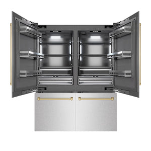 ZLINE Autograph Edition 60 in. 32.2 cu. ft. French Door Built-In Bottom Freezer Refrigerator with Water Dispenser and Ice Maker in Satin Stainless Steel with Graphite Gray Interior and Champagne Bronze Accents (GRBIVZ-SN-60-CB) front, open.