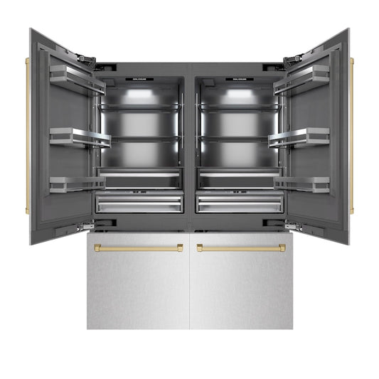 ZLINE Autograph Edition 60 in. 32.2 cu. ft. French Door Built-In Bottom Freezer Refrigerator with Water Dispenser and Ice Maker in Satin Stainless Steel with Graphite Gray Interior and Champagne Bronze Accents (GRBIVZ-SN-60-CB) front, open.