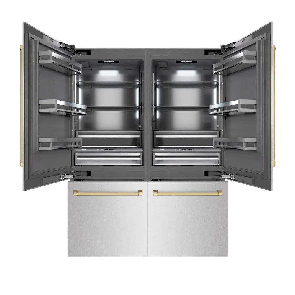 ZLINE Autograph Edition 60 in. 32.2 cu. ft. French Door Built-In Bottom Freezer Refrigerator with Water Dispenser and Ice Maker in Satin Stainless Steel with Graphite Gray Interior and Champagne Bronze Accents (GRBIVZ-SN-60-CB) main image.