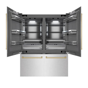 ZLINE Autograph Edition 60 in. 32.2 cu. ft. French Door Built-In Bottom Freezer Refrigerator with Water Dispenser and Ice Maker in Satin Stainless Steel with Graphite Gray Interior and Champagne Bronze Accents (GRBIVZ-SN-60-CB) main image.