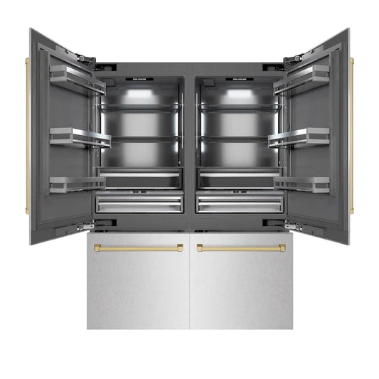 ZLINE Autograph Edition 60 in. 32.2 cu. ft. French Door Built-In Bottom Freezer Refrigerator with Water Dispenser and Ice Maker in Satin Stainless Steel with Graphite Gray Interior and Champagne Bronze Accents (GRBIVZ-SN-60-CB) main image.