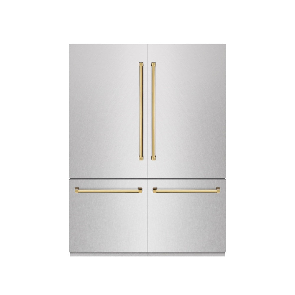 ZLINE Autograph Edition 60 in. 32.2 cu. ft. French Door Built-In Bottom Freezer Refrigerator with Water Dispenser and Ice Maker in Satin Stainless Steel with Graphite Gray Interior and Polished Gold Accents (GRBIVZ-SN-60-G) front, closed.