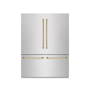 ZLINE Autograph Edition 60 in. 32.2 cu. ft. French Door Built-In Bottom Freezer Refrigerator with Water Dispenser and Ice Maker in Satin Stainless Steel with Graphite Gray Interior and Polished Gold Accents (GRBIVZ-SN-60-G) front, closed.