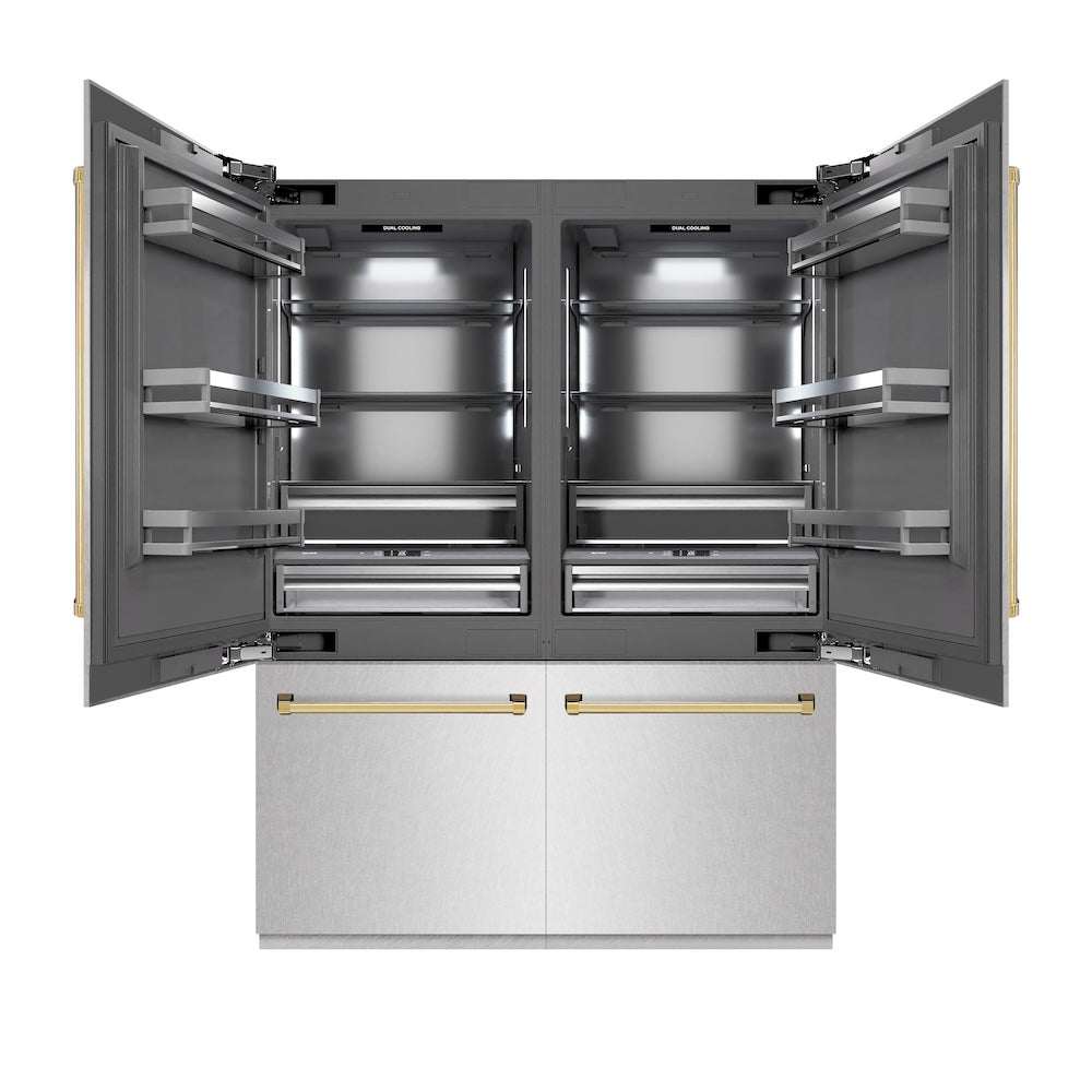 ZLINE Autograph Edition 60 in. 32.2 cu. ft. French Door Built-In Bottom Freezer Refrigerator with Water Dispenser and Ice Maker in Satin Stainless Steel with Graphite Gray Interior and Polished Gold Accents (GRBIVZ-SN-60-G) front, open.