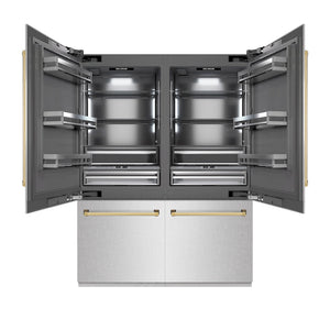 ZLINE Autograph Edition 60 in. 32.2 cu. ft. French Door Built-In Bottom Freezer Refrigerator with Water Dispenser and Ice Maker in Satin Stainless Steel with Graphite Gray Interior and Polished Gold Accents (GRBIVZ-SN-60-G) front, open.