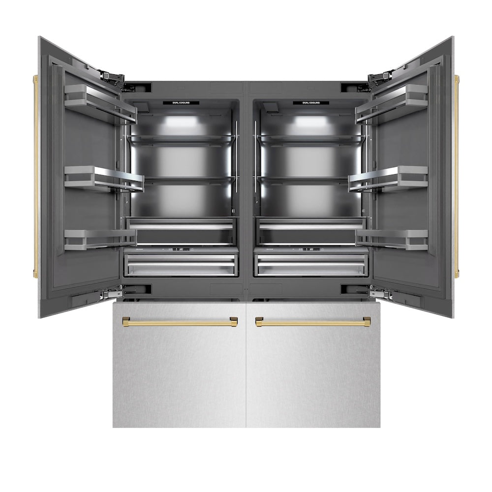 ZLINE Autograph Edition 60 in. 32.2 cu. ft. French Door Built-In Bottom Freezer Refrigerator with Water Dispenser and Ice Maker in Satin Stainless Steel with Graphite Gray Interior and Polished Gold Accents (GRBIVZ-SN-60-G) front, open.