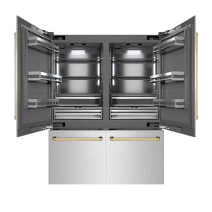 ZLINE Autograph Edition 60 in. 32.2 cu. ft. French Door Built-In Bottom Freezer Refrigerator with Water Dispenser and Ice Maker in Satin Stainless Steel with Graphite Gray Interior and Polished Gold Accents (GRBIVZ-SN-60-G) front, open.